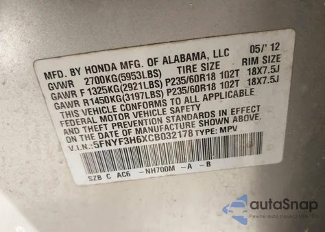 2012 Honda Pilot Ex-L z USA, uszkodzony, nr VIN 5FNYF3H6XCB032178